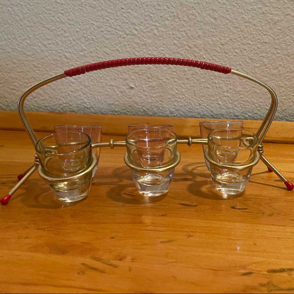 Mid Century Gold-Tone Shot Glass Holder set with red wrap around handle